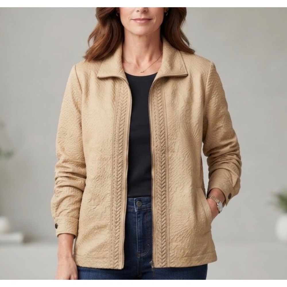 Talk of the Walk Vintage Y2K Textured Embossed Tan Braided Trim Zip Jacket